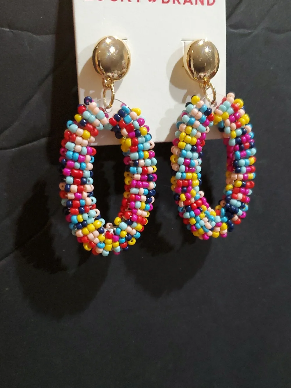 Lucky Brand multi-colored beaded gold stamped oversized oval two tiered earrings